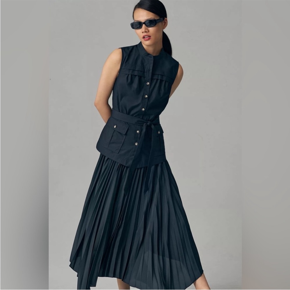 Anthropologie Black Sleeveless Buttoned Belted Midi Dress